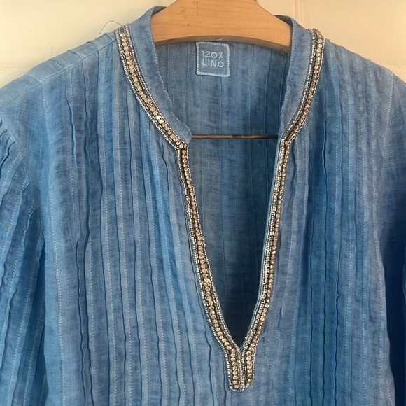 120% LINO Lisette Linen Top Blue Jewels Size 40/4 Italian Luxury Top NWOT - Picture 2 of 8